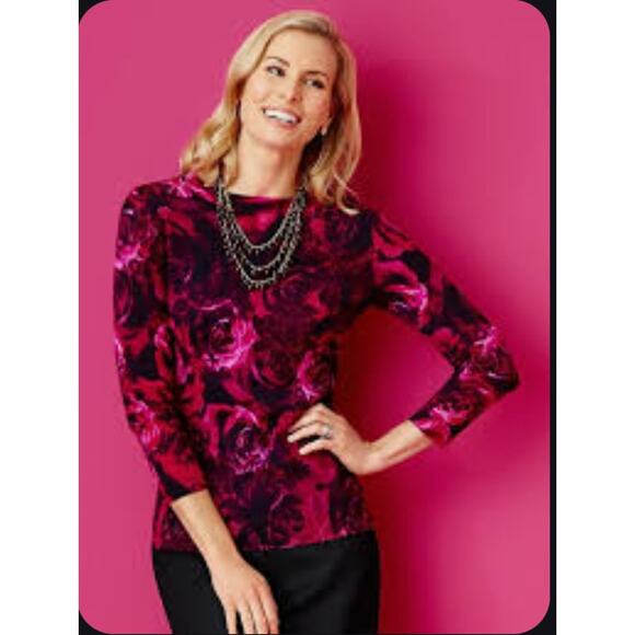 Talbots 100% Merino Wool Floral Long Sleeve Shirt Sweater Light Roses - Picture 1 of 6
